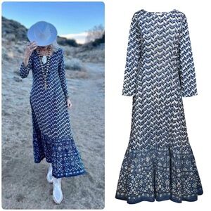 New! Pax Philomena x Anthropologie Prisma Indigo Mermaid Kaftan Maxi Dress💙Small